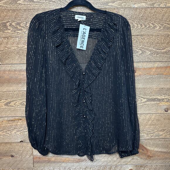 L'Agence Sheer Black silk Blouse with Metallic pinstripe Size Small NWT - Picture 1 of 3